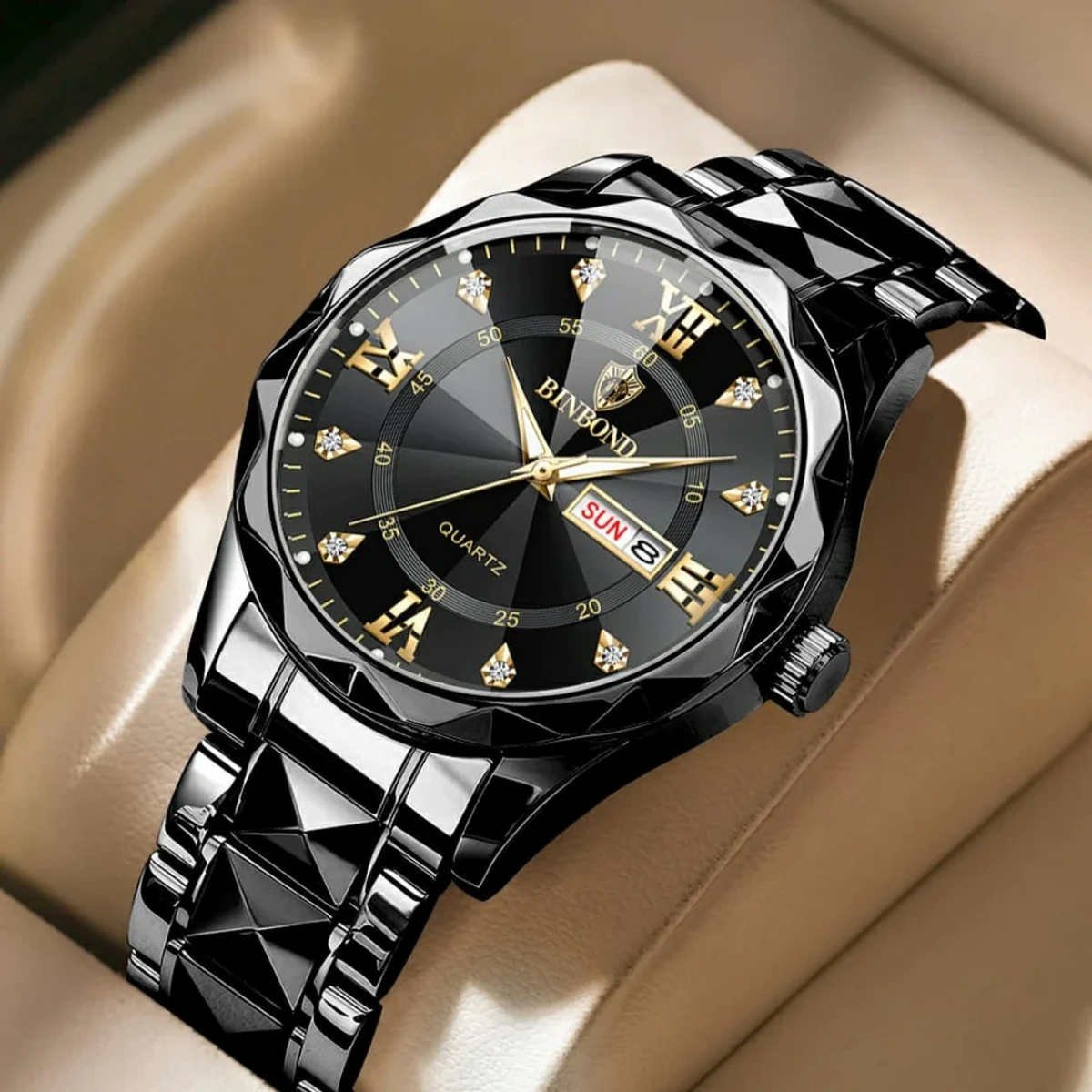 Luxury Binbond Authentic Men's Watch Waterproof Night Light Dual Calendar Watch Men's Quartz Watch Diamond Ceiling Glass- Full Black