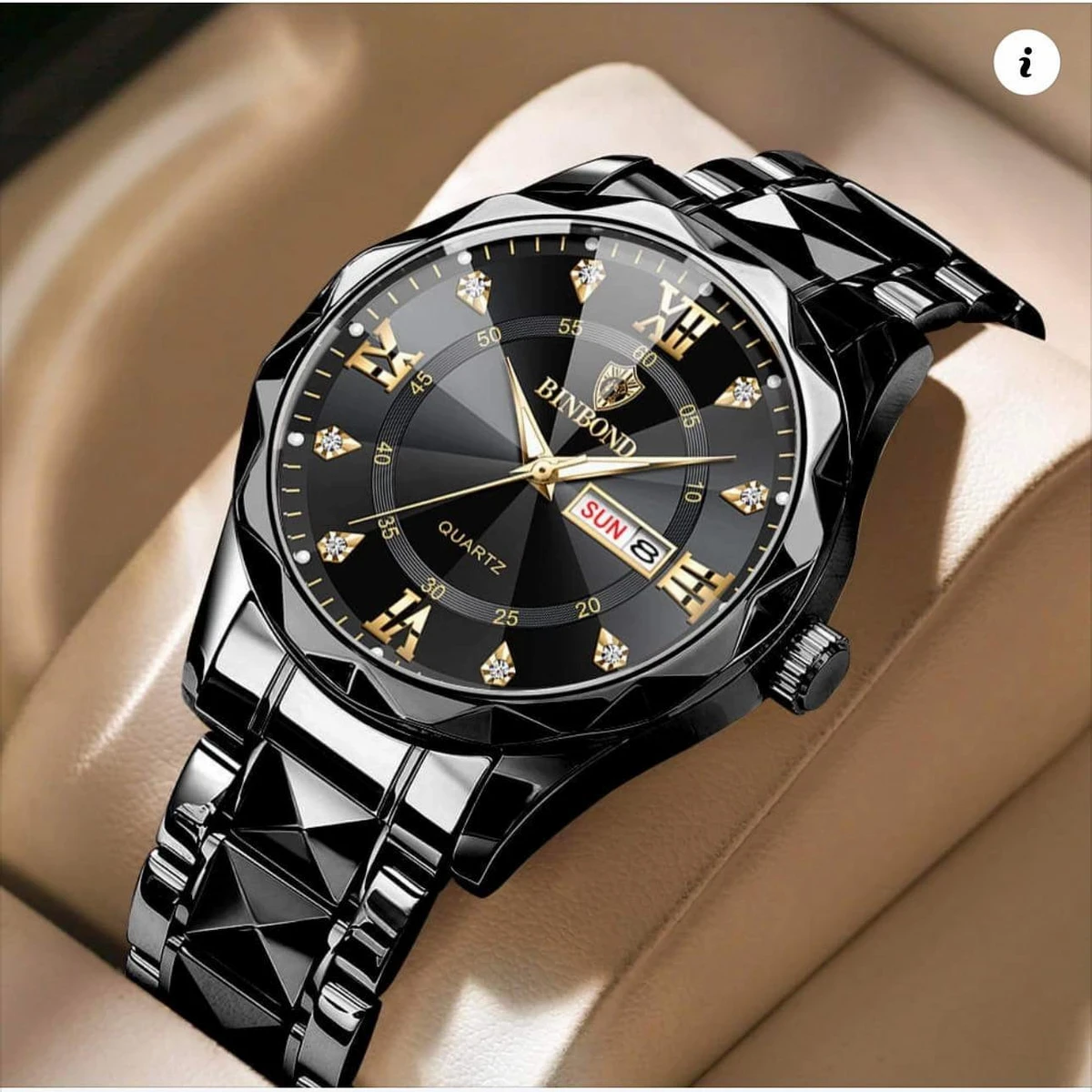 Luxury Binbond authentic men's watch waterproof night light dual calendar watch men's quartz watch diamond ceiling glass- Black