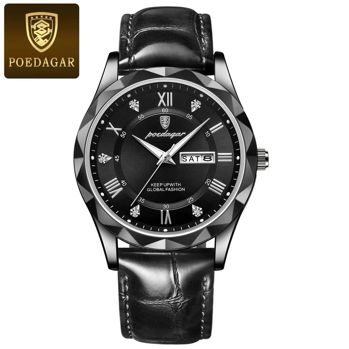 POEDAGAR Luxury Business Man Wristwatch Waterproof Luminous Date Week Men Watch For Men Quartz Clock Leather Men's Watches full black
