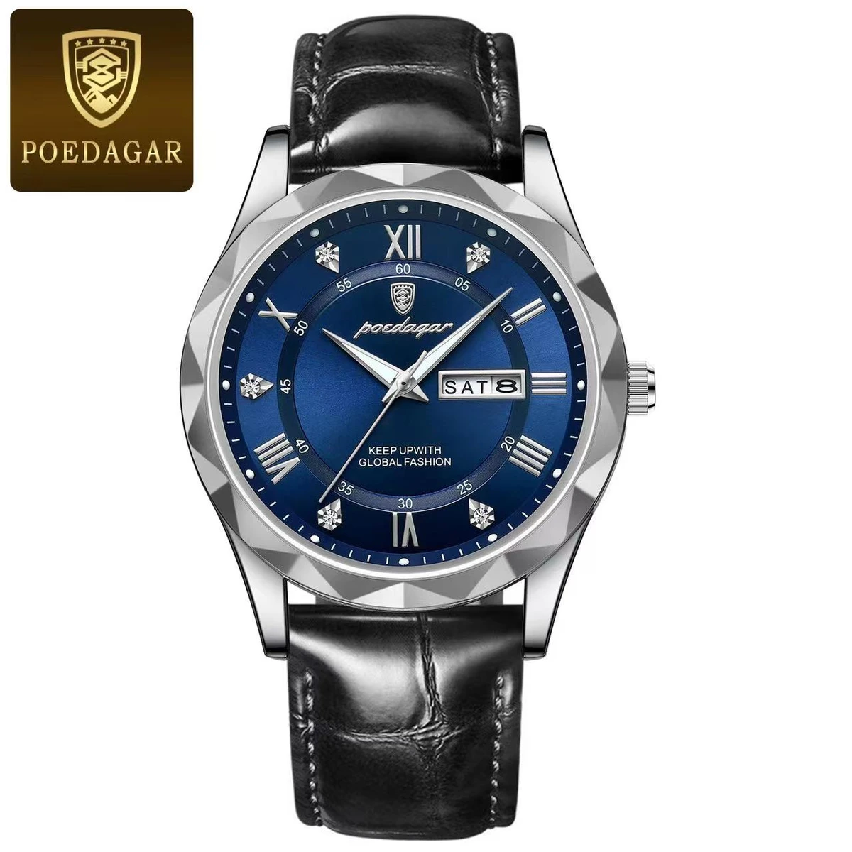 POEDAGAR Luxury Business Man Wristwatch Waterproof Luminous Date Week Men Watch For Men Quartz Clock Leather Men's Watches silver blue
