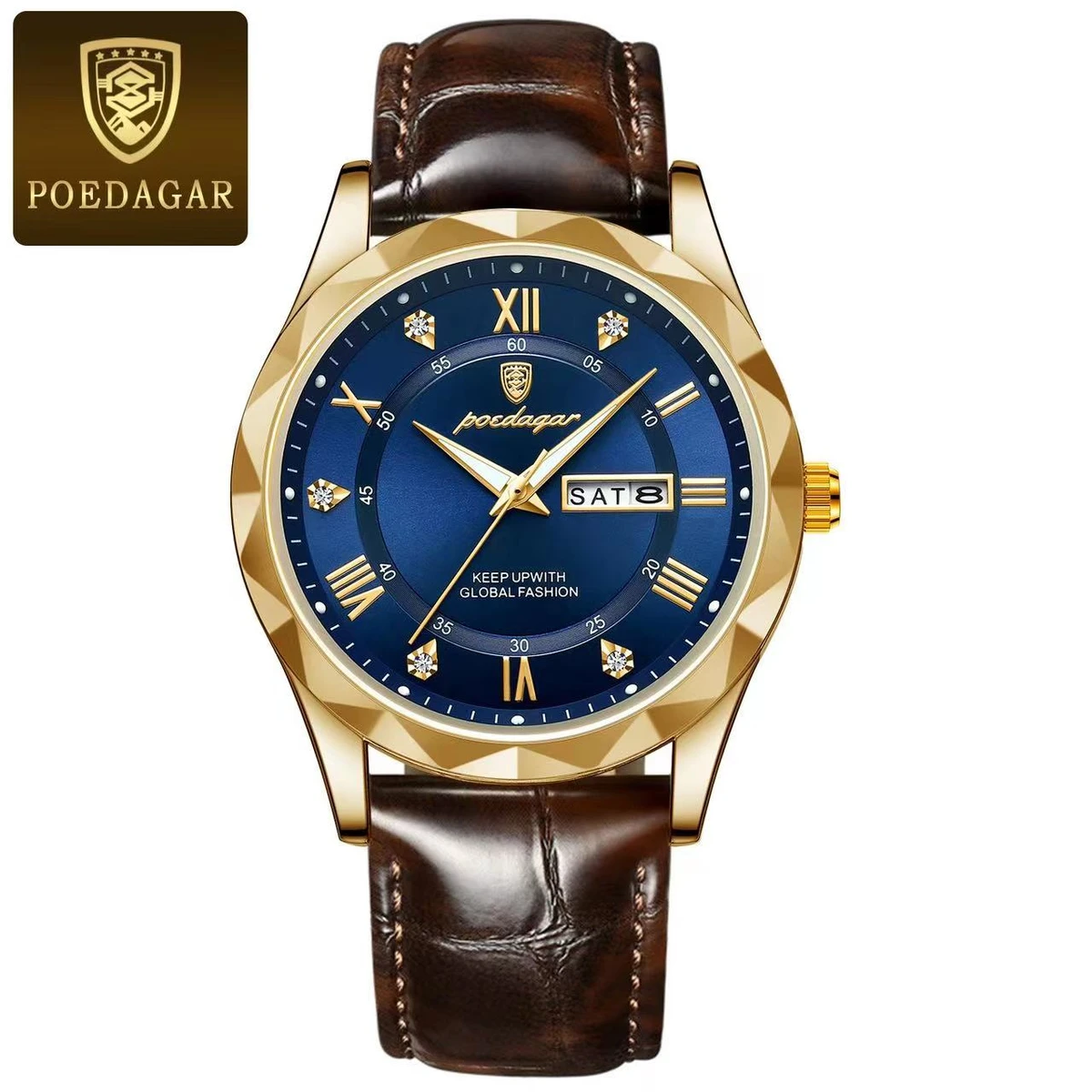 POEDAGAR Luxury Business Man Wristwatch Waterproof Luminous Date Week Men Watch For Men Quartz Clock Leather Men's Watches golden blue