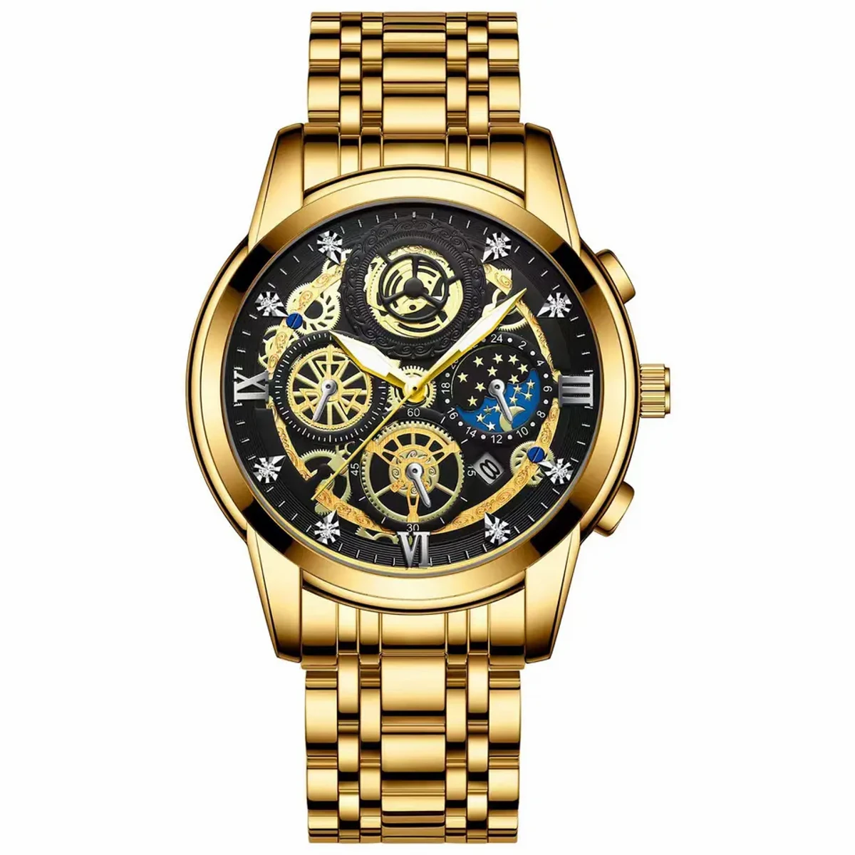 Waterproof Stainless Steel Quartz Analog Fashion Business Sun Moon Star Wristwatches Top Brand Gold