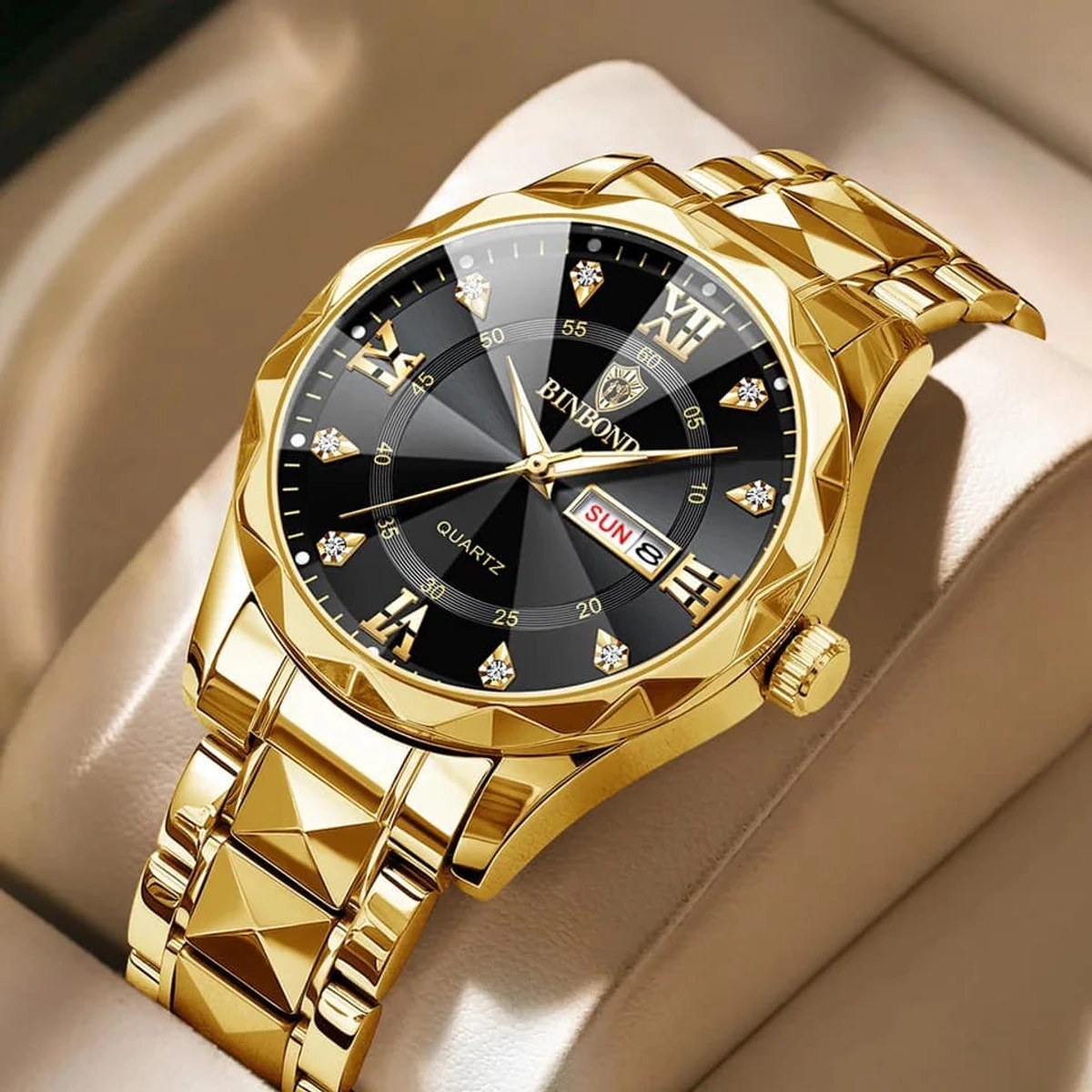 Luxury Binbond authentic men's watch waterproof night light dual calendar watch men's quartz watch diamond ceiling glass- Golden & Black