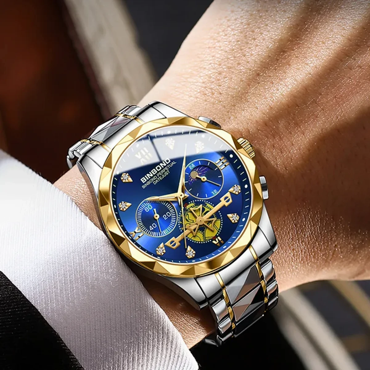 2023 New Luxury Binbond Brand Men's Luminous Watches Stainless Steel Waterproof Chronograph watch - Toton ar dial blue
