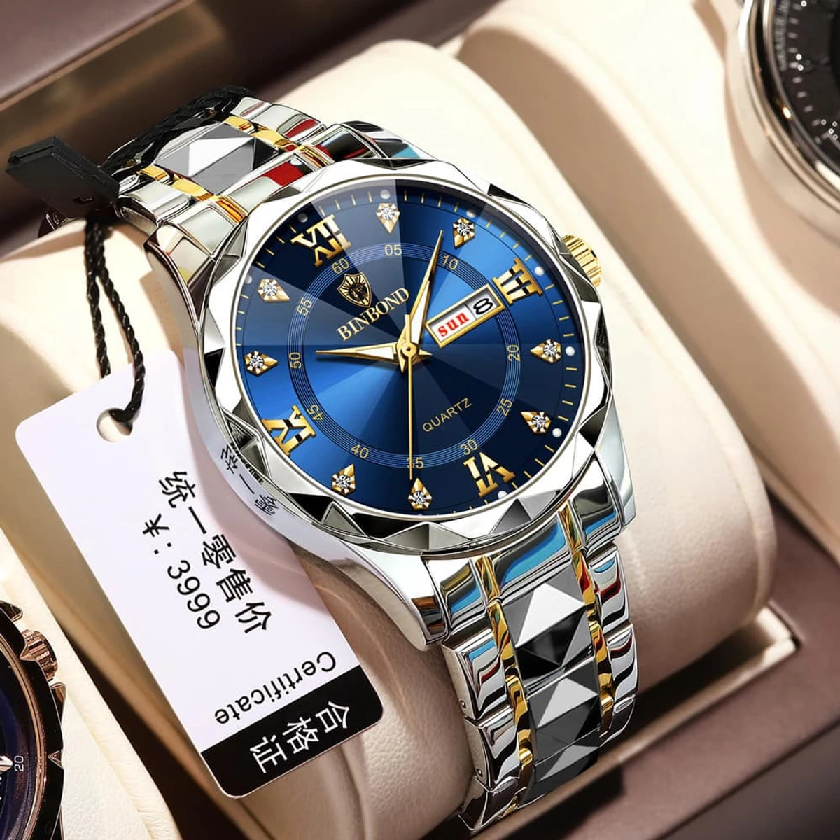 Luxury Binbond authentic men's watch waterproof night light dual calendar watch men's quartz watch diamond ceiling glass- Blue