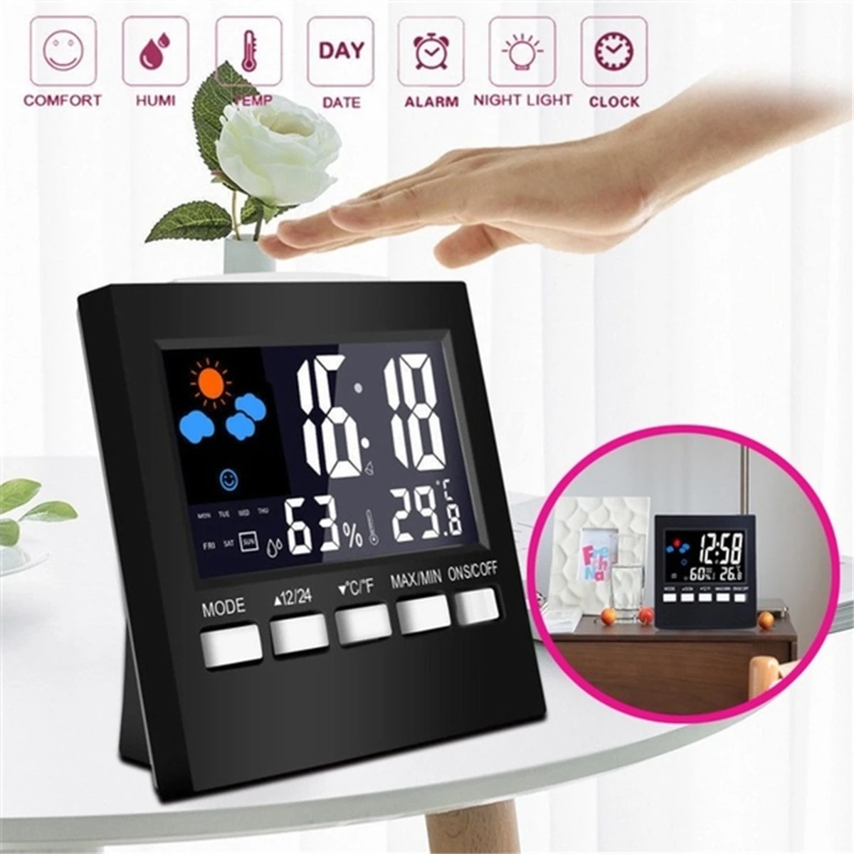 Weather Clock Color Screen New Digital Display Thermometer Humidity Clock Colorful LCD Alarm Calendar Weather Pop