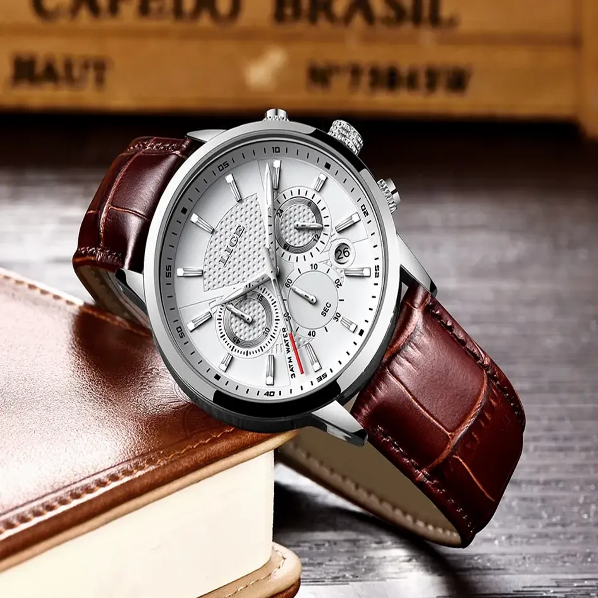 LIGE 9866 Men Fashion Sport Quartz Luxury Leather Waterproof Chronograph White Watch