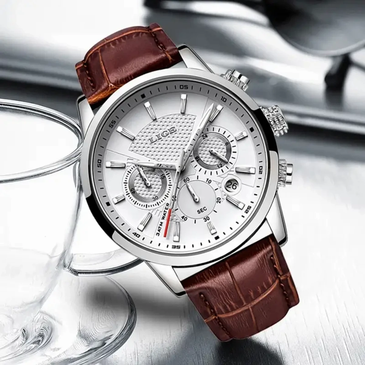 LIGE 9866 Men Fashion Sport Quartz Luxury Leather Waterproof Chronograph White Watch