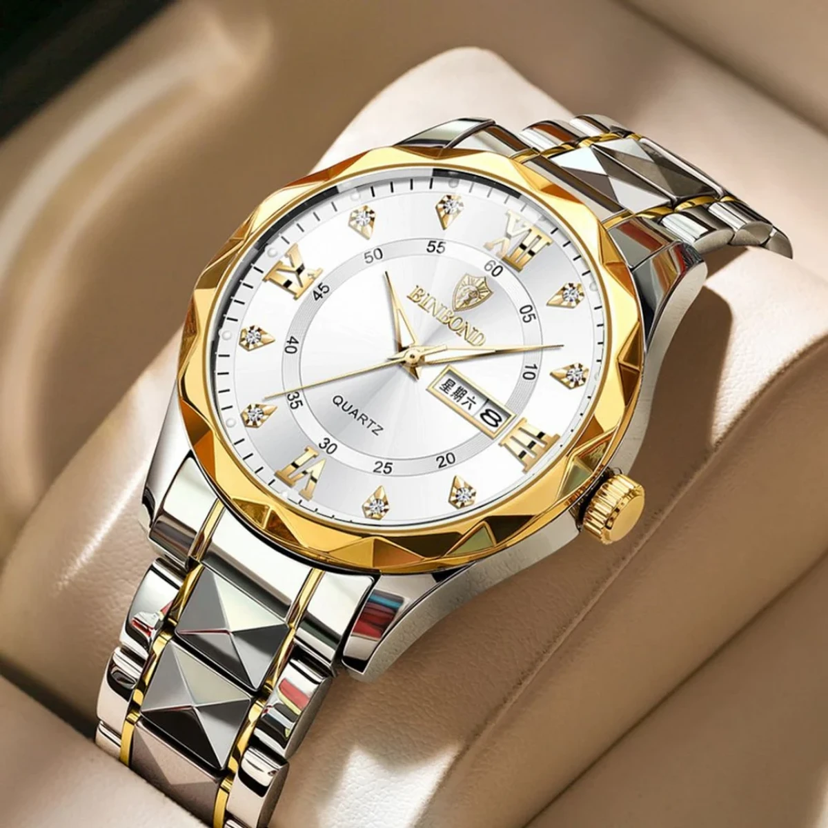 Luxury Binbond authentic men's watch waterproof night light dual calendar watch men's quartz watch diamond ceiling glass- Silver & Golden