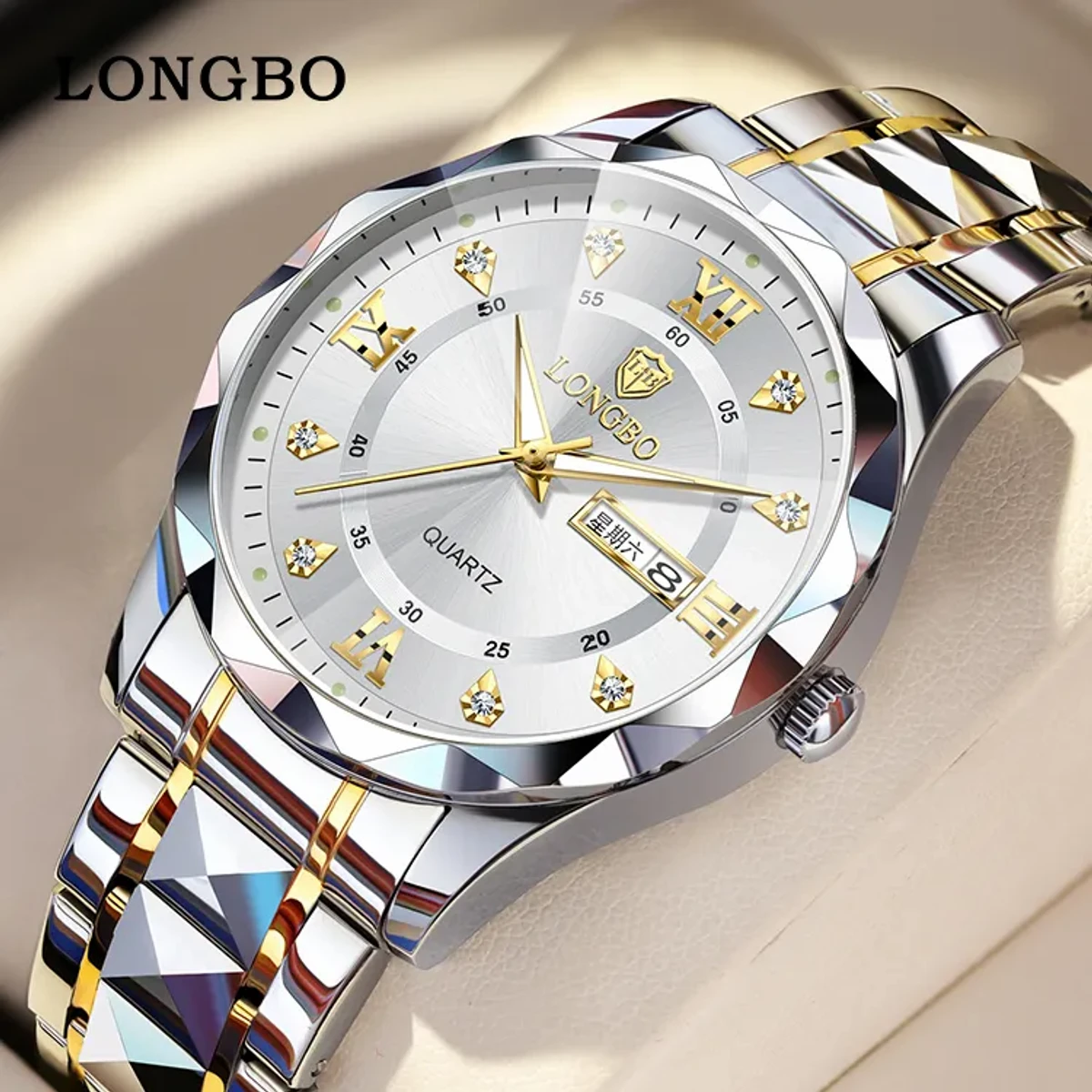 Luxury Binbond authentic men's watch waterproof night light dual calendar watch men's quartz watch diamond ceiling glass- Silver & Golden