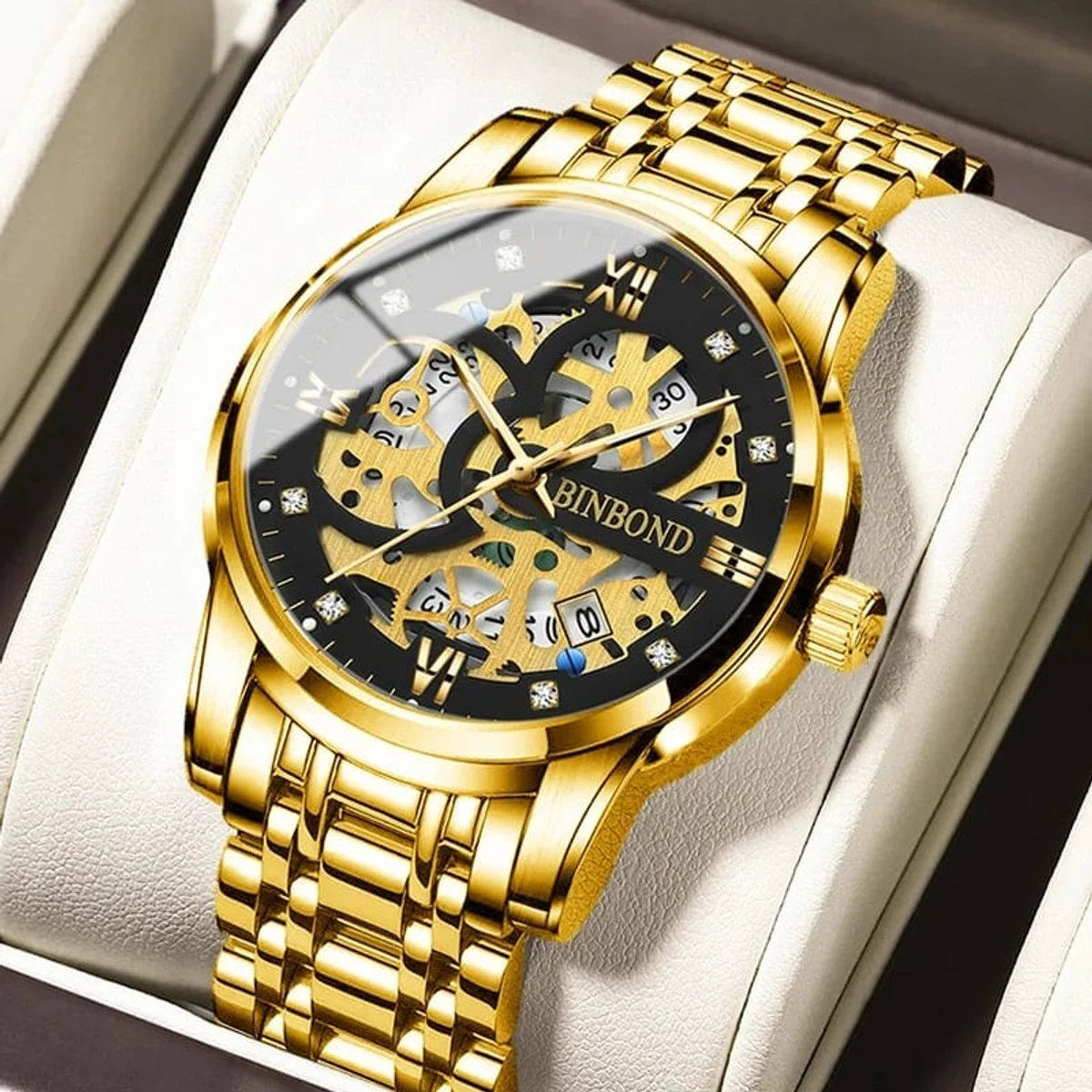 Binbon Classic Mens Watches Luxury Skeleton Man Clock  Wristwatch full gold Black