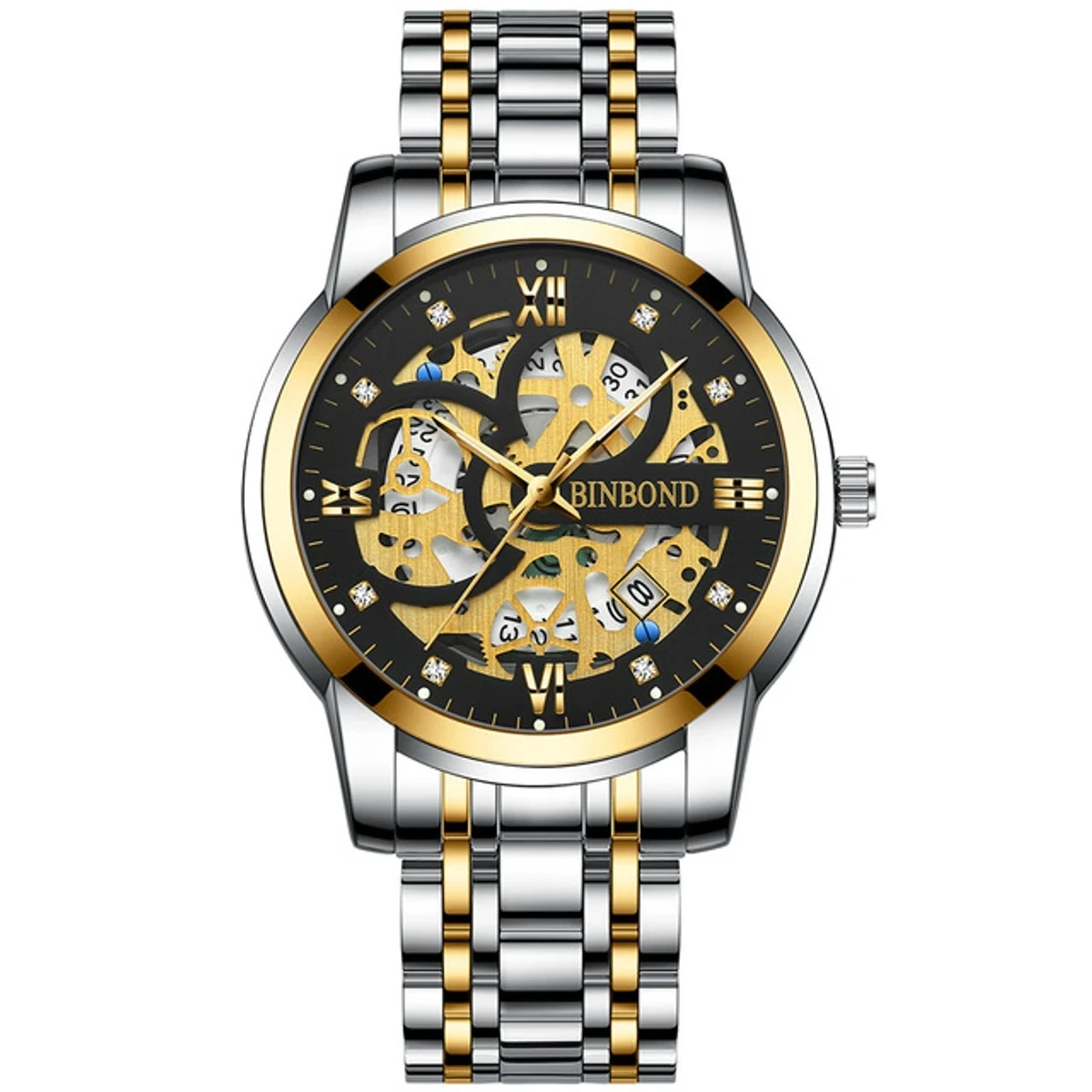 Binbon Classic Mens Watches Luxury Skeleton Man Clock Wristwatch toton black