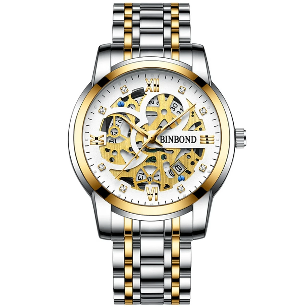 Binbon Classic Mens Watches Luxury Skeleton Man Clock Wristwatch toton white