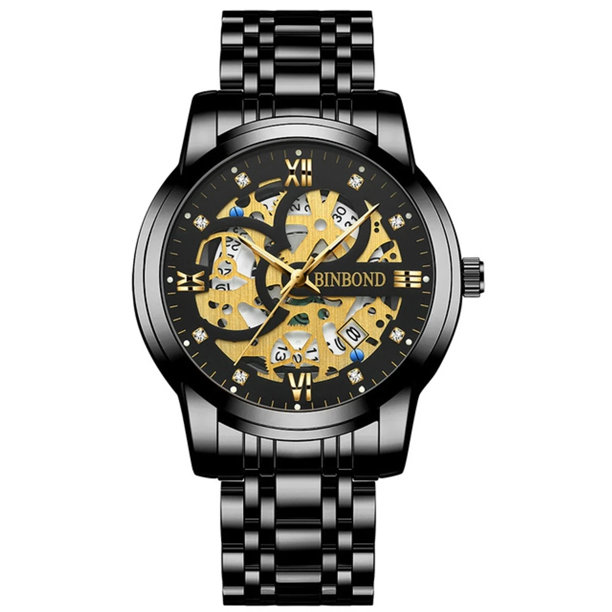 Binbon Classic Mens Watches Luxury Skeleton Man Clock Wristwatch full black