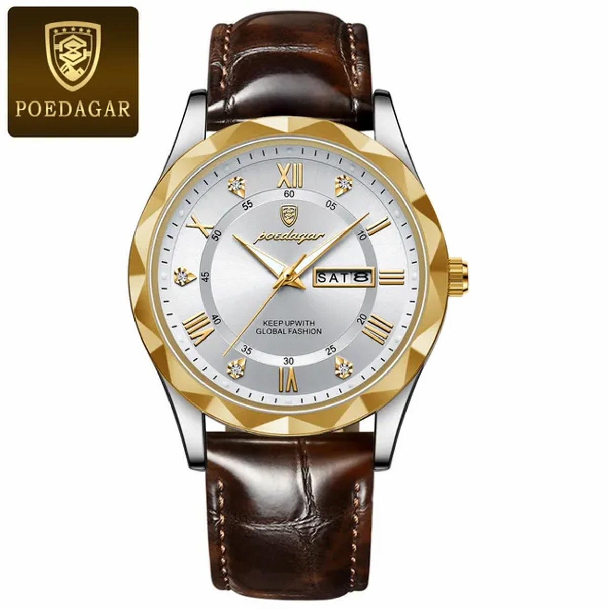 POEDAGAR Luxury Business Man Wristwatch Waterproof Luminous Date Week Men Watch For Men Quartz Clock Leather Men's Watches golden white diel