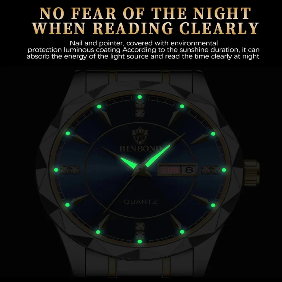 Luxury Binbond authentic men's watch waterproof night light dual calendar watch men's quartz watch diamond ceiling glass- Blue & Golden