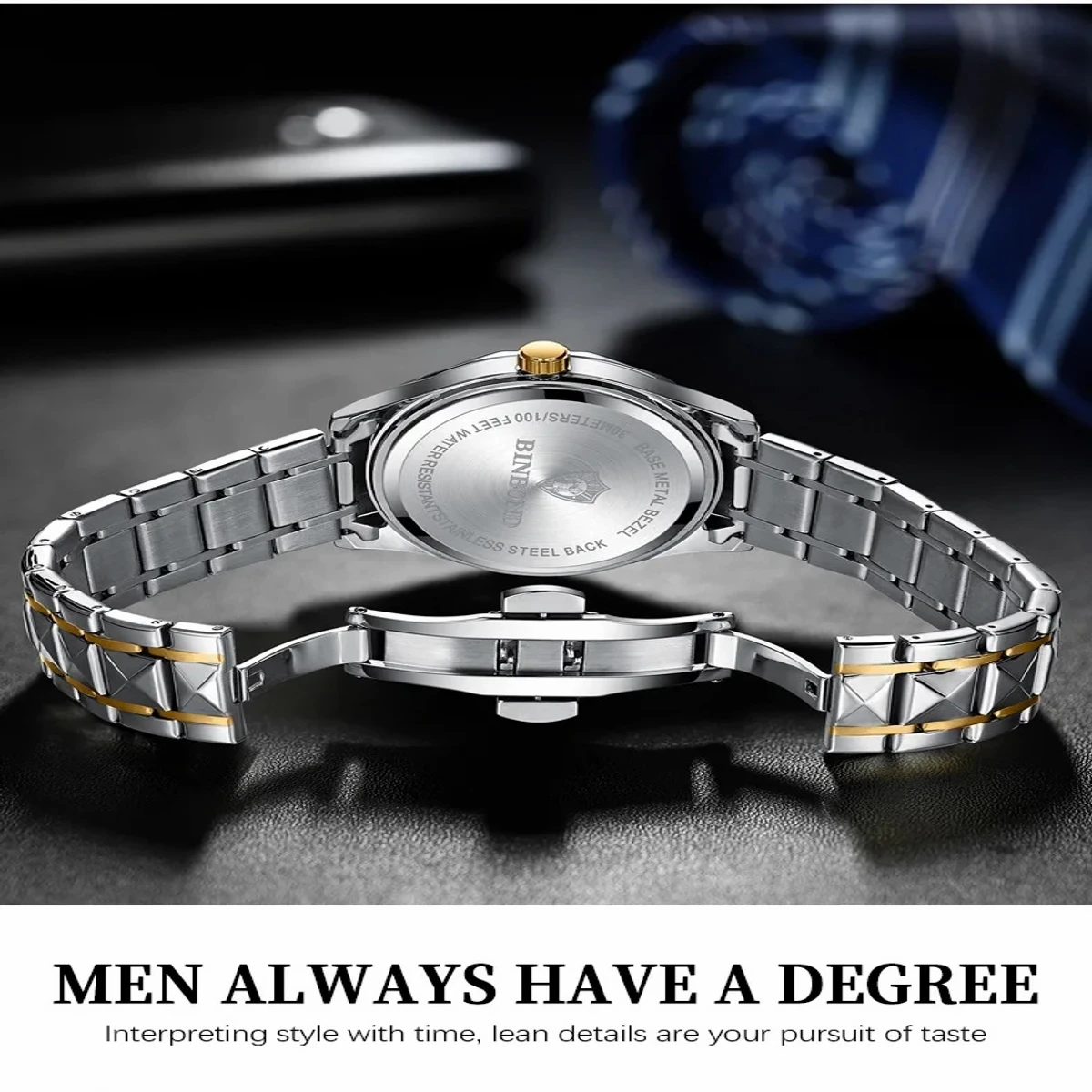 Luxury Binbond authentic men's watch waterproof night light dual calendar watch men's quartz watch diamond ceiling glass- Black & Golden