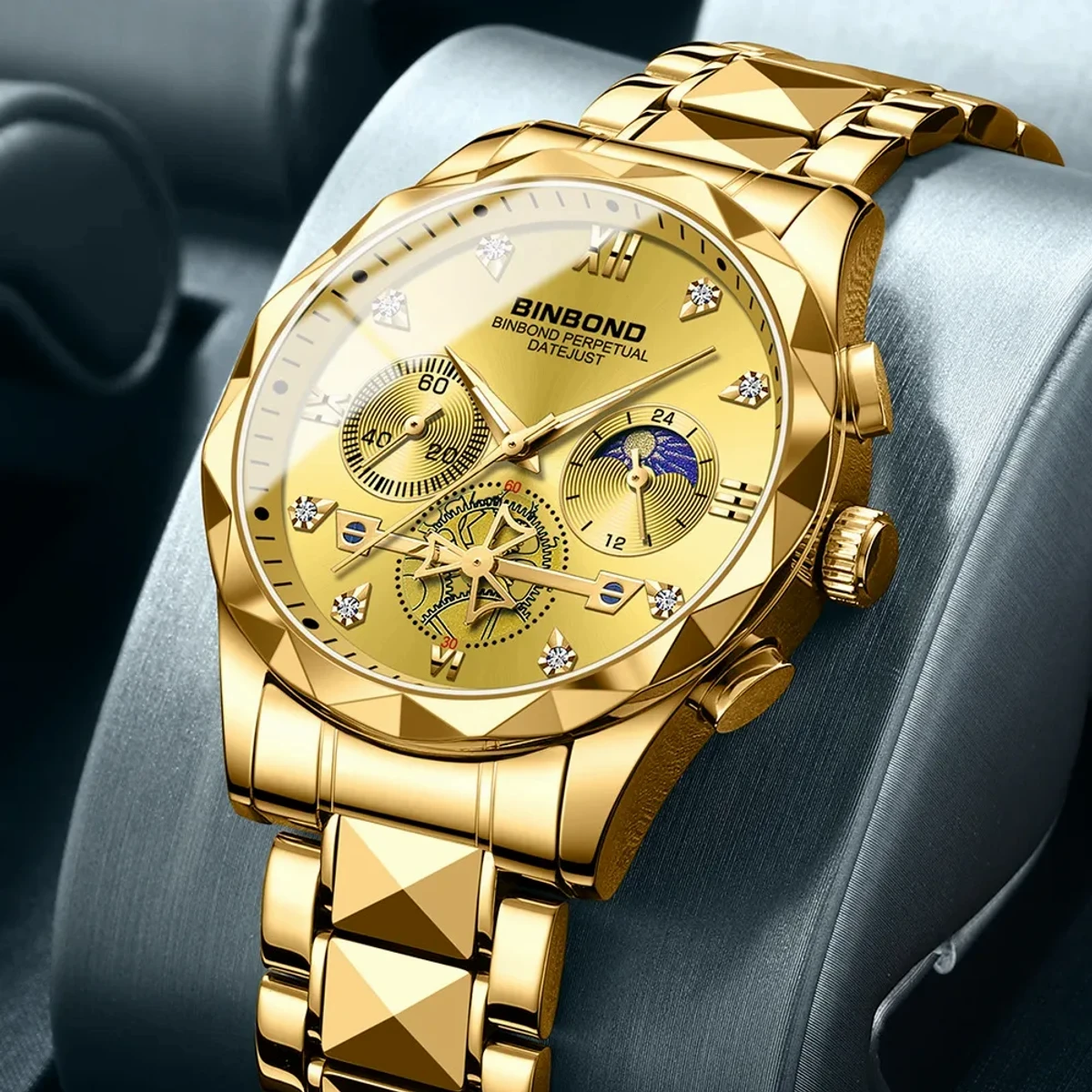 2023 New Luxury Binbond Brand Men's Luminous Watches Stainless Steel Waterproof Chronograph watch - Full Golden