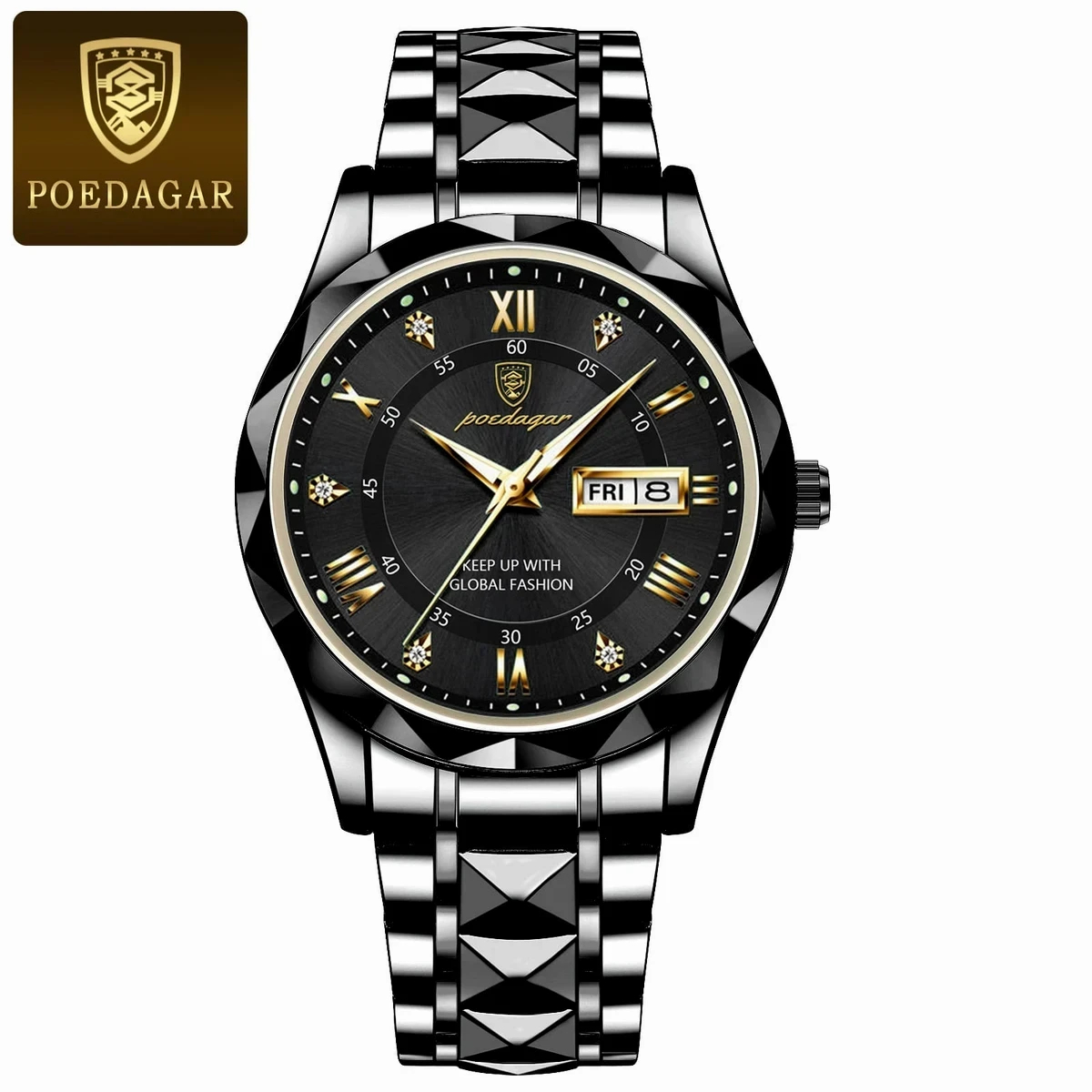POEDAGAR Luxury Men Watches Business Top Brand Man Wristwatch Waterproof Luminous Date Week Quartz Men's Watch High Quality+Box - FULL Black