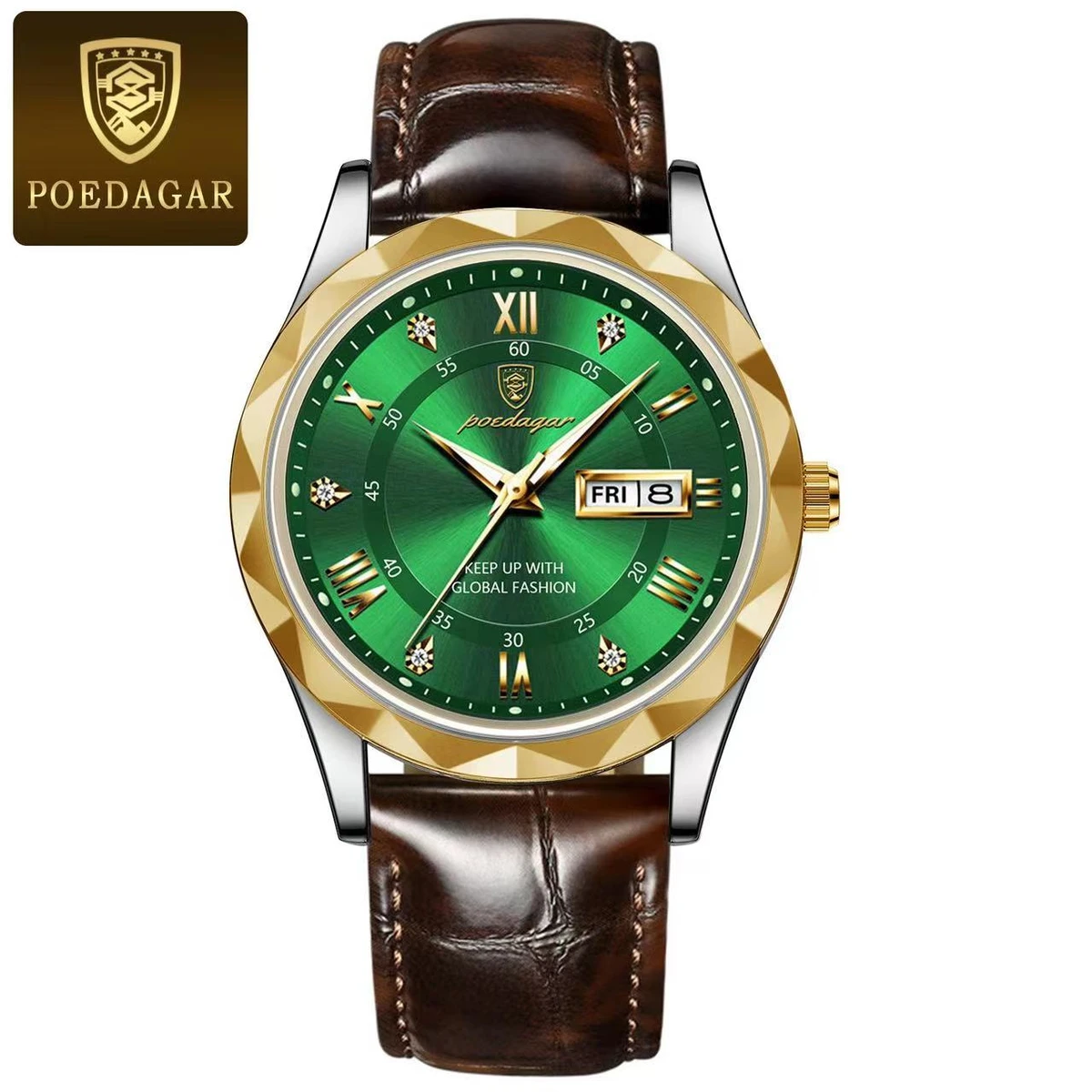 POEDAGAR Luxury Business Man Wristwatch Waterproof Luminous Date Week Men Watch For Men Quartz Clock Leather Men's Watches golden green