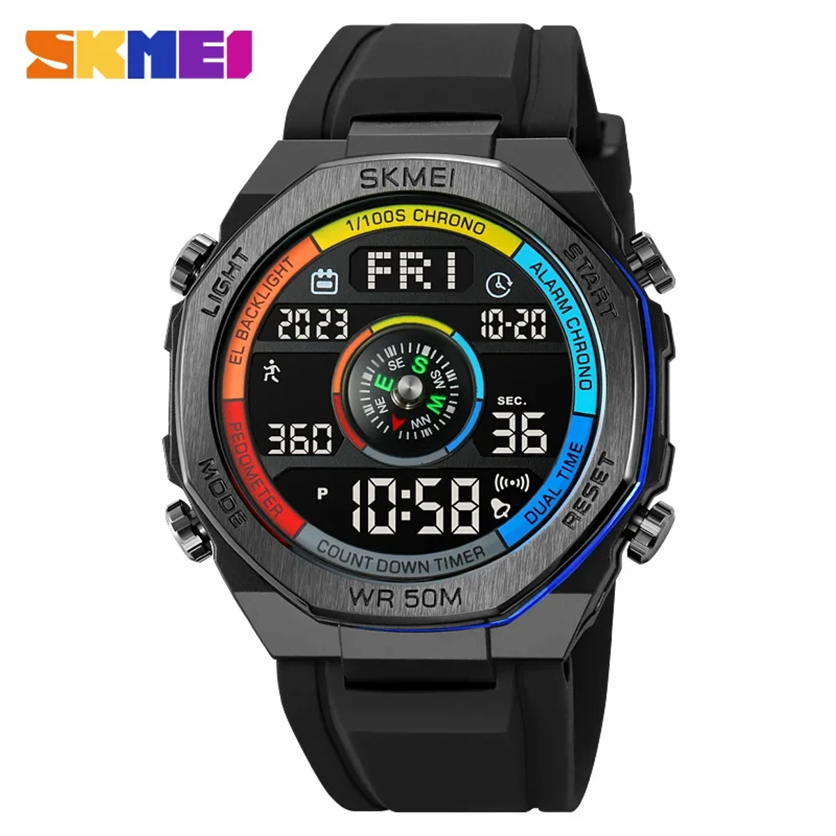 SKMEI Light Display Compass Sport Pedometer Countdown Digital Watch 50M waterproof