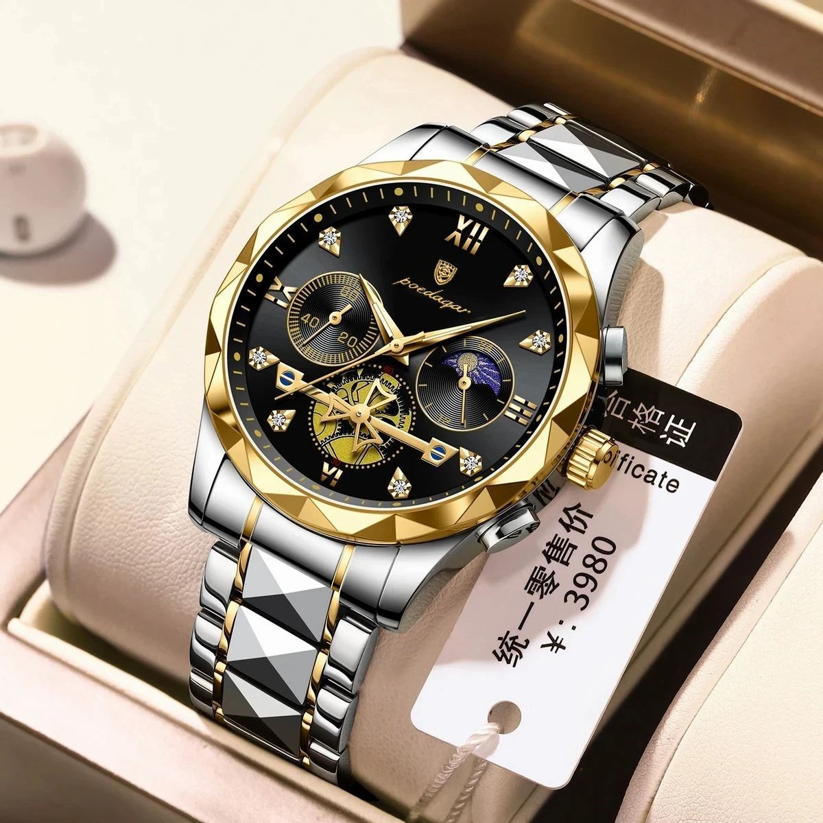 POEDAGAR Luxury Men Watches Business Top Brand Man Wristwatch Waterproof Luminous Date Week Quartz Men's Watch High Quality+Box-Silver&Black