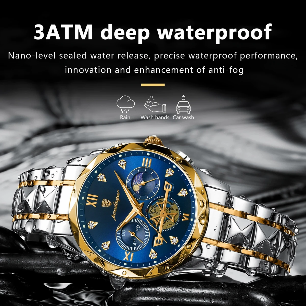 POEDAGAR Luxury Men Watches Business Top Brand Man Wristwatch Waterproof Luminous Date Week Quartz Men's Watch High Quality+Box-Silver&Blue