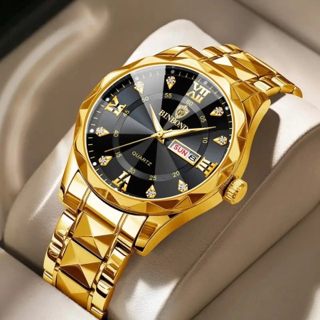 Luxury Binbond mens diamond ceiling glass- Gold Black watch