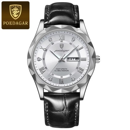 POEDAGAR Leather Quartz Clock Men’s Watches white