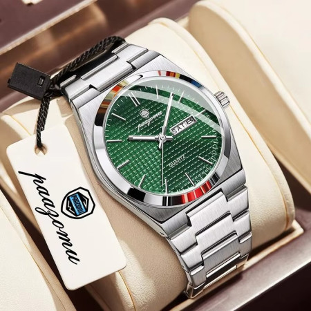 POEDAGAR Mens Quartz Watches S21 Luxury Wristwatch Silver Green